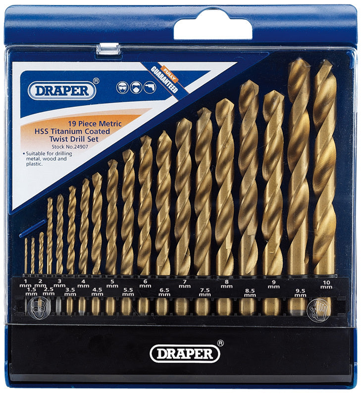 DRAPER Metric metal drill bit set HSS titanium coated 19 pieces 1 to 10mm