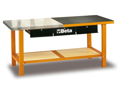 BETA Workbench worktop sheet steel with raised edge 2 drawers orange 
