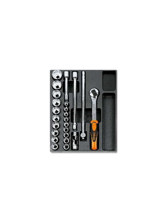BETA Reversible 1/2" ratchet with 19 hexagon sockets + accessories + hard pre-formed insert