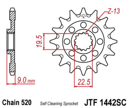 JT SPROCKETS Staal zelfreinigend voortandwiel 1442 - 520