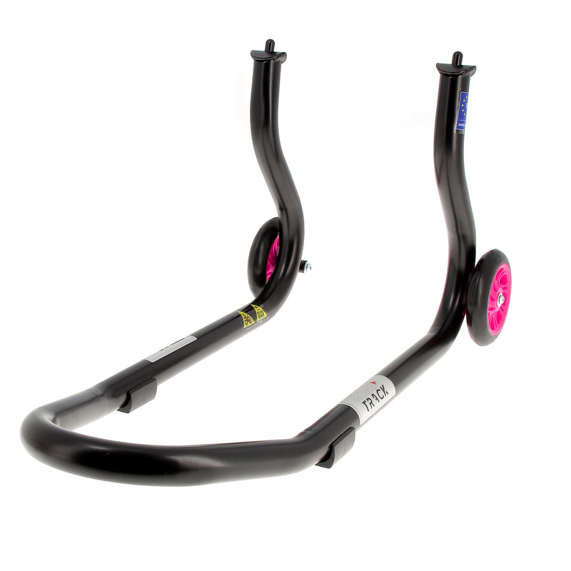 BIHR Home Track Paddock Stand Front Fixed Adapters Black with Pink Wheels