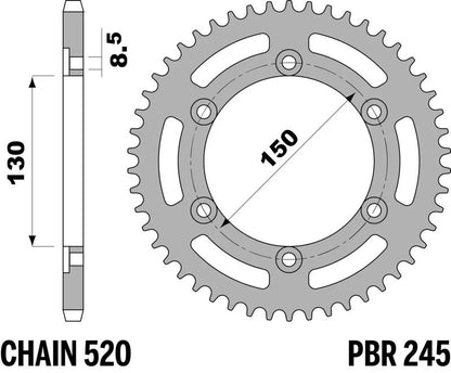 PBR Staal C45 standaard achtertandwiel 245 - 520
