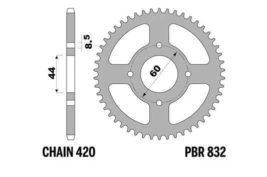 PBR Staal C45 standaard achtertandwiel 832 - 420