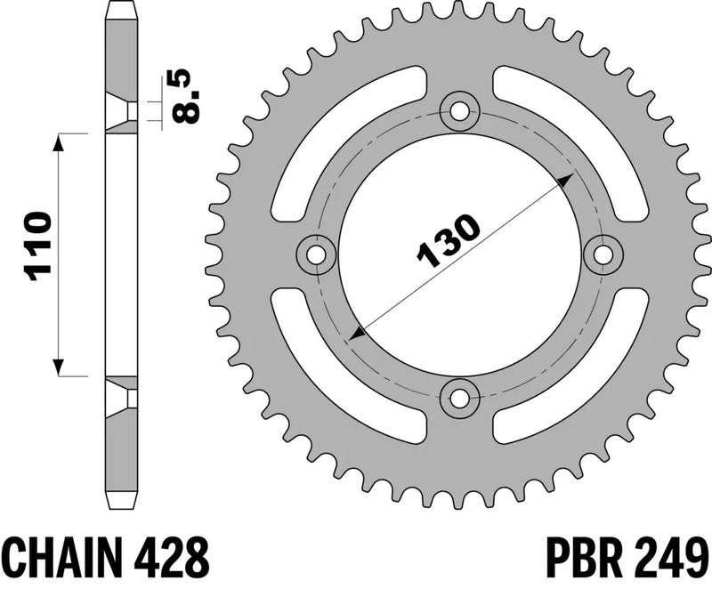PBR Staal C45 standaard achtertandwiel 249 - 428