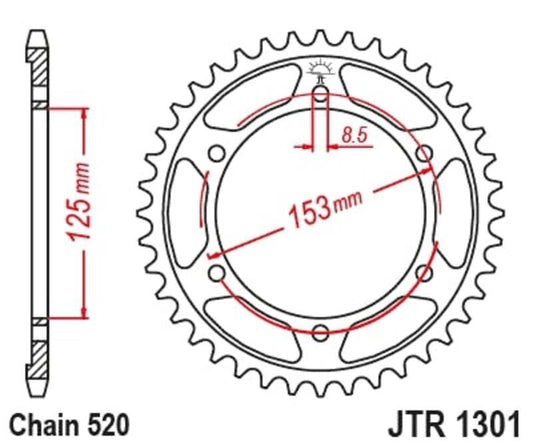 JT SPROCKETS Standaard staal achtertandwiel 1301 - 520